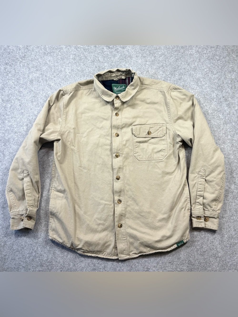 Woolrich Green Label Men's Khaki Tan Button-Down Plaid Shirt Jacket Flannel Warm